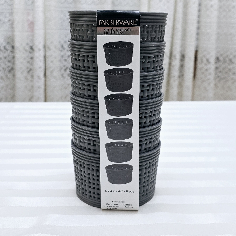 New 6pc Farberware Storage Bins Set Weave Gray Small Round Desktop Containers